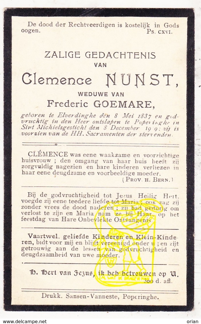 DP Clemence Nunst ? Gunst ? ° Elverdinge Ieper 1837 † Poperinge 1919 X Frederic Goemare Goemaere - Images Religieuses