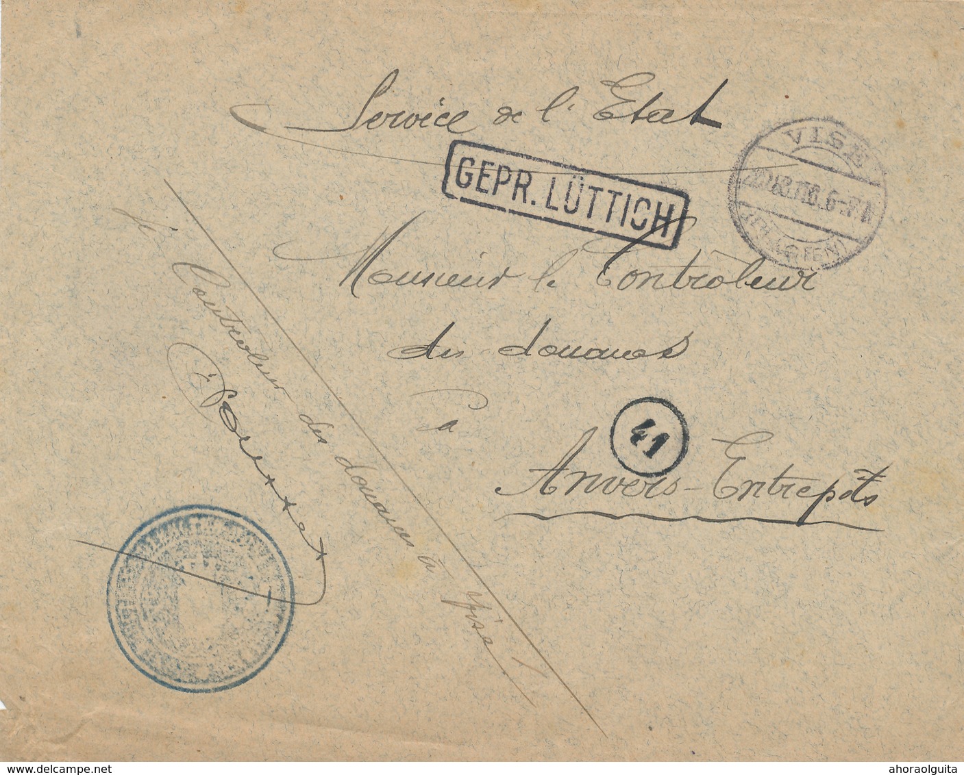 321/28 - LIEGE 14/18 - Enveloppe En Franchise Controleur Des Douanes à VISE 1916  - Censure Encadrée LUTTICH - OC1/25 Gouvernement Général