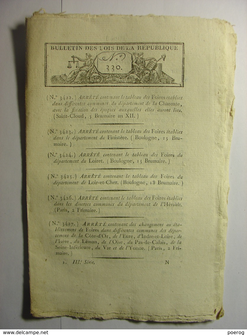 BULLETIN DES LOIS FRIMAIRE AN XII (1803) - SERVICE DE SANTE MILITAIRE - ECOLES SECONDAIRES RHIN DROME BELGIQUE - Wetten & Decreten