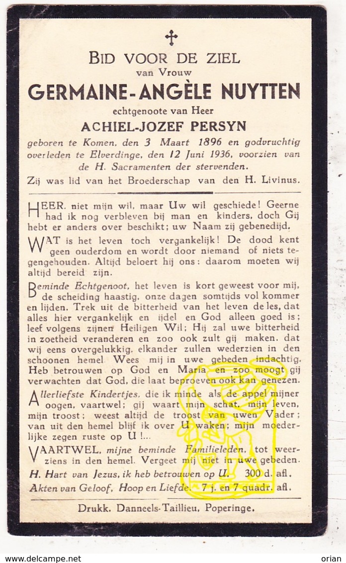 DP Germaine A. Nuytten ° Komen Comines 1896 † Elverdinge Ieper 1936 X Achiel J. Persyn - Images Religieuses