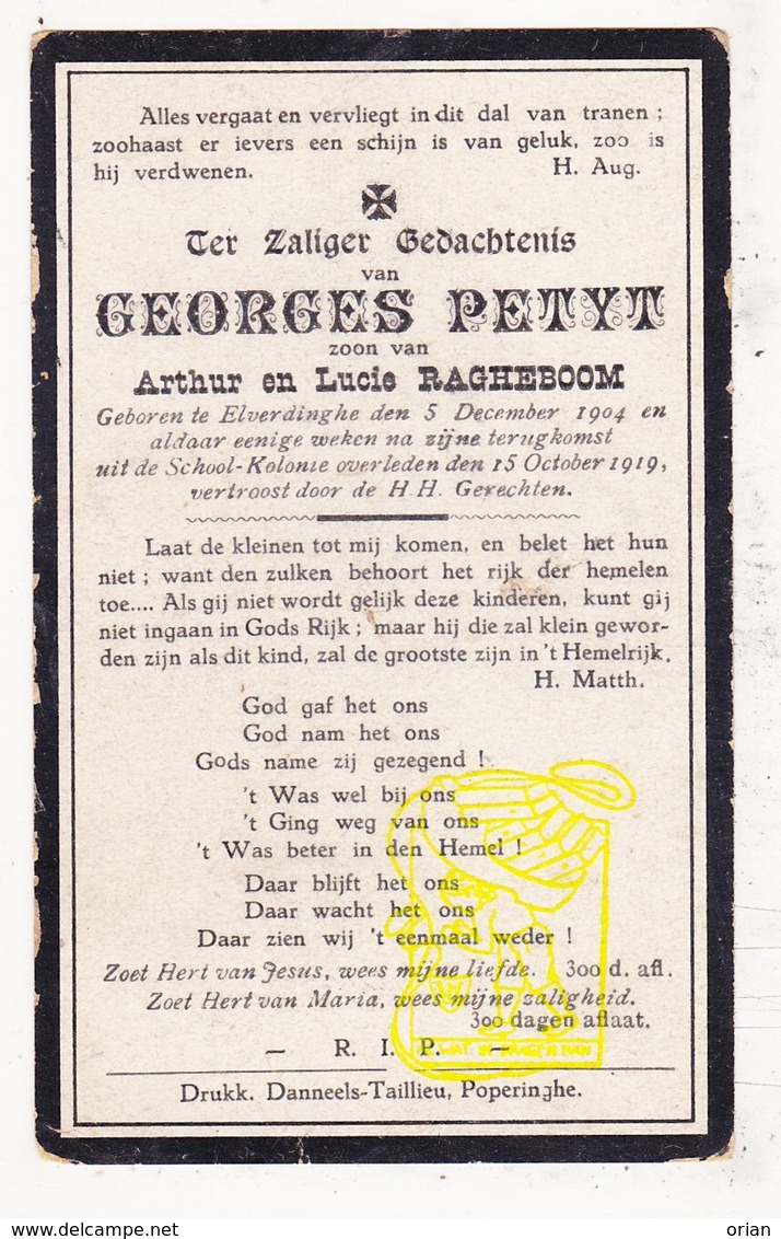 DP Georges Petyt Petit / Ragheboom 14j. ° Elverdinge Ieper 1904 † 1919 / G. Gezelle - Images Religieuses