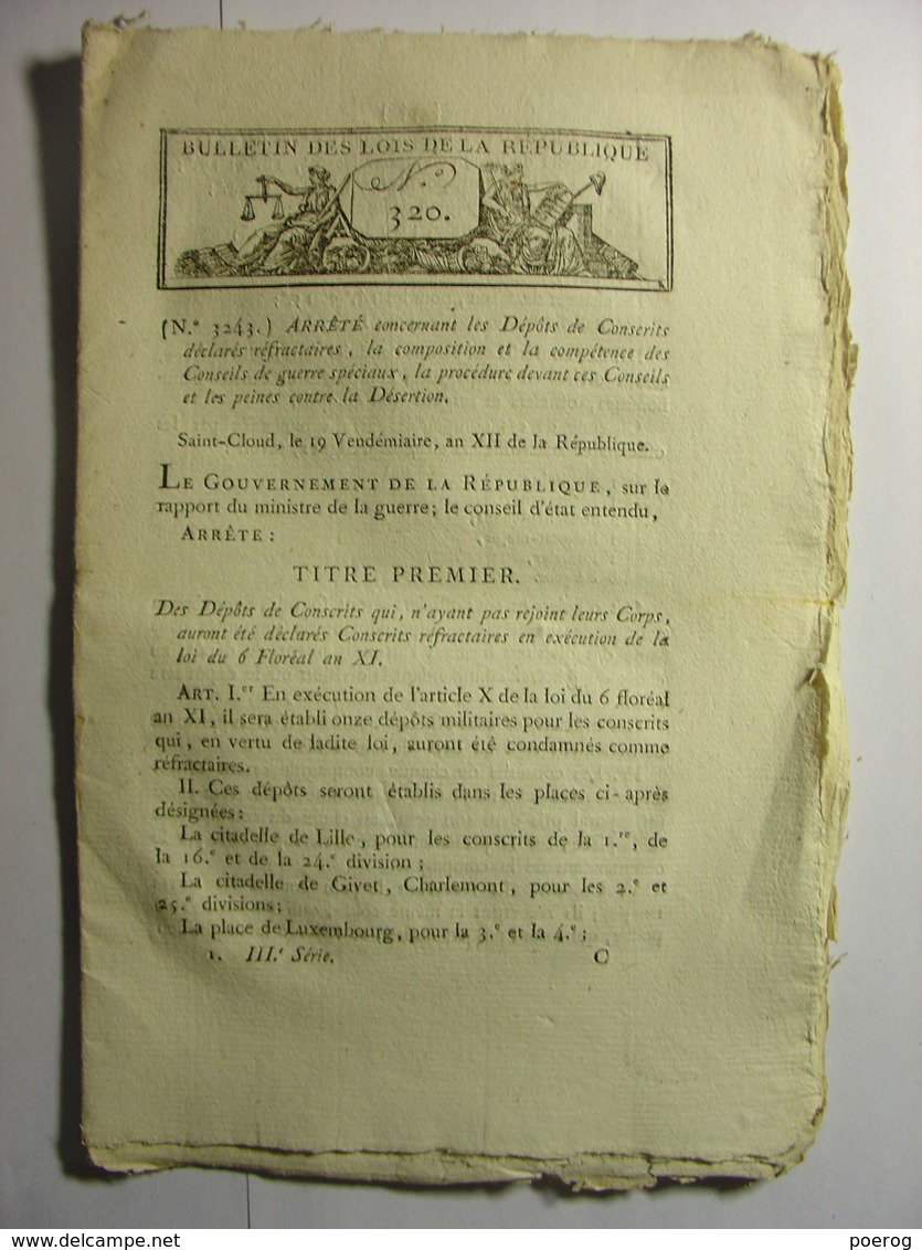BULLETIN DES LOIS VENDEMIAIRE AN XII (1803)  CONSCRITS REFRACTAIRES CONSEIL DE GUERRE SPECIAUX DESERTION ARMEE MILITAIRE - Wetten & Decreten