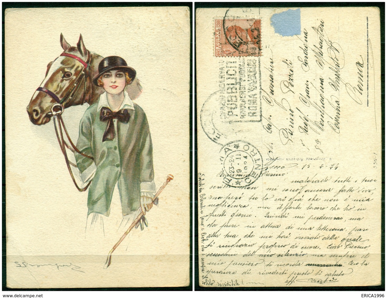 CARTOLINA - Z986 ILLUSTRATORI BOMPARD Donna Con Cavallo, FP, Viaggiata 1924 Da Lecco Per Roma, Qualche Pieghina, Sennò - Bompard, S.