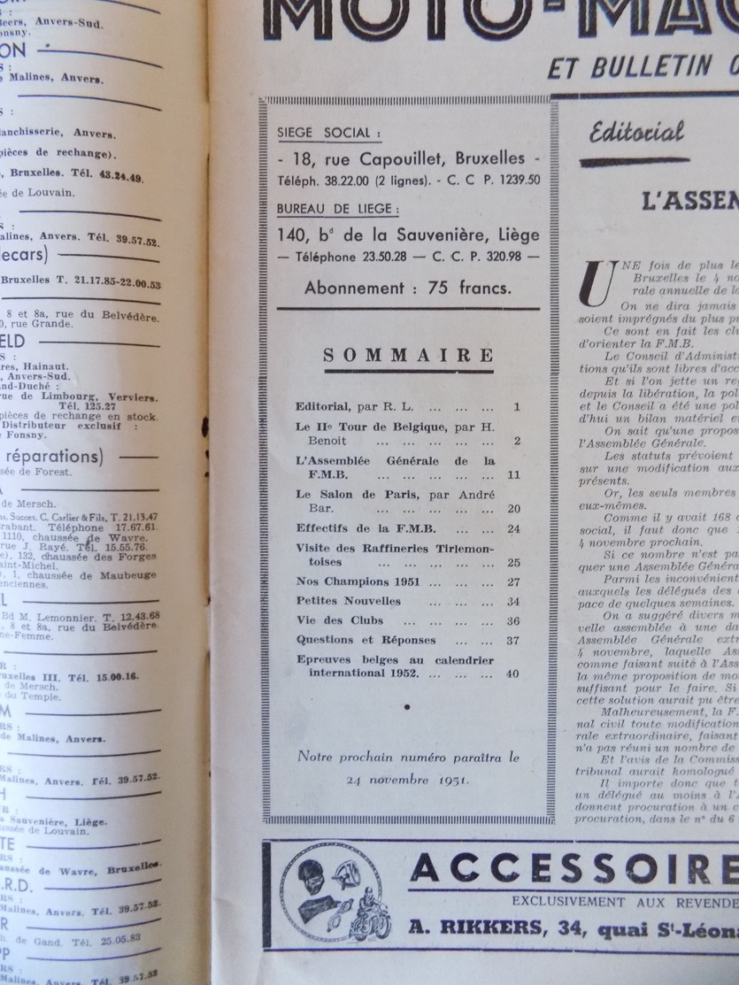 Moto Magazine N° 18 Tour De Belgique ( Aywaille - Molenbeek ..) - Les Champions 1951 - Raffinerie Tirlemontoise - Auto/Moto