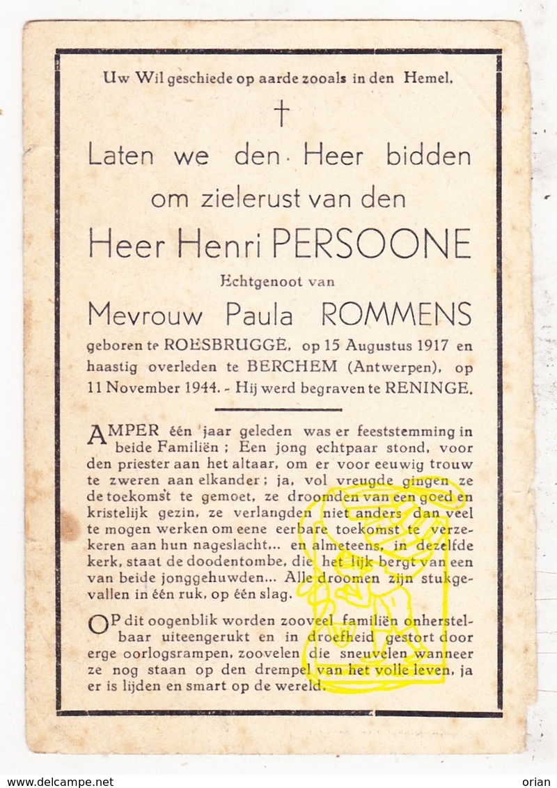 DP Henri Persoone ° Roesbrugge Poperinge † Berchem Antwerpen 1944 X Rommens / Begr. Lo Reninge / Slachtoffer V2 Bom? - Images Religieuses