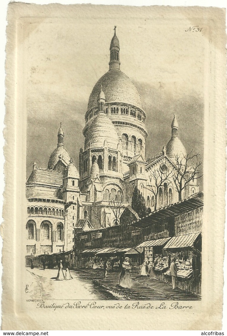 75 CPA Paris Gravure Eau Forte Basilique Sacree Coeur Rue De La Barre  Pinet Graveur N° 31 - Sacré Coeur