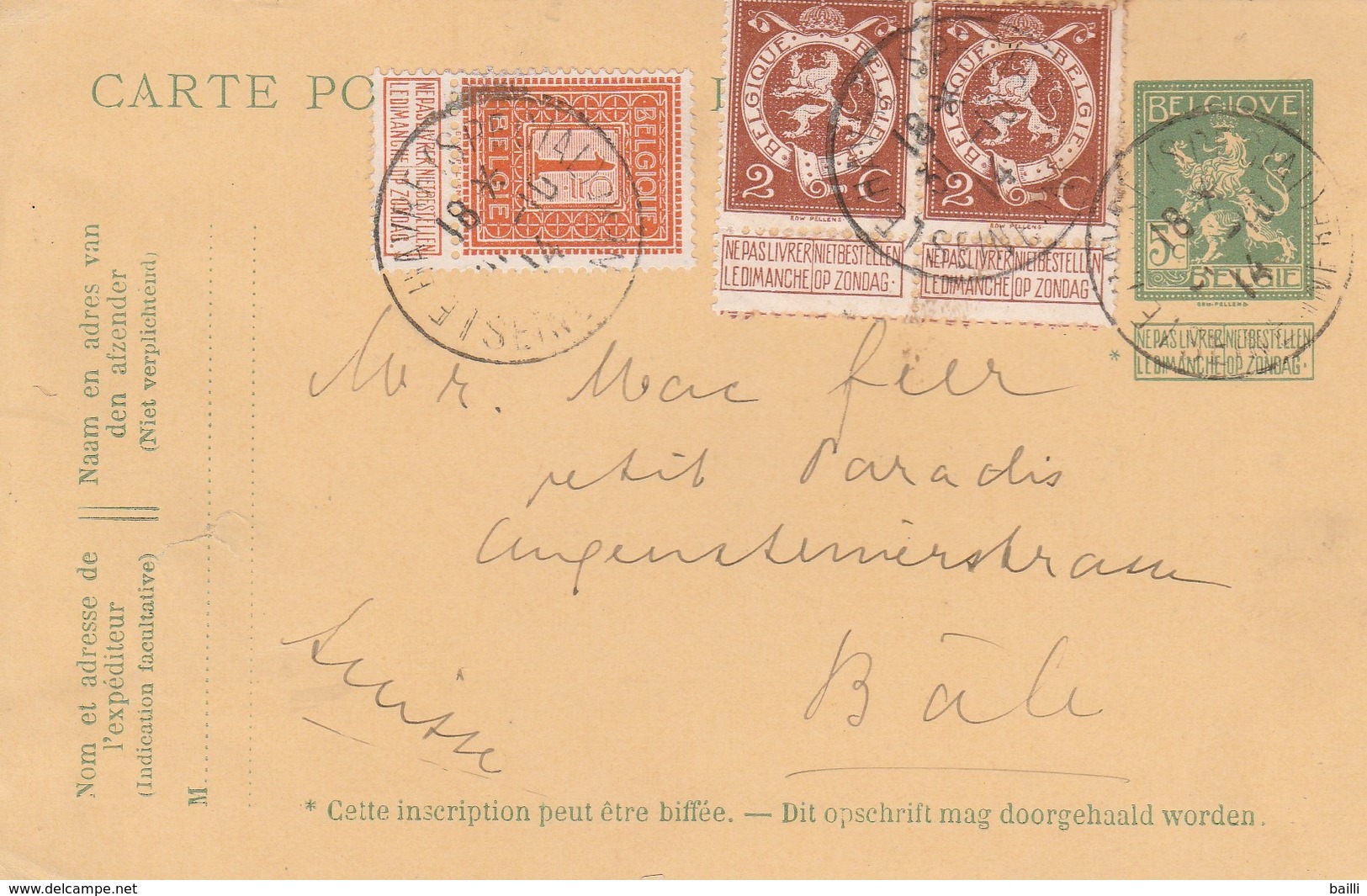 Belgique Cachet Le Havre Spécial Sur Entier Postal Pour La Suisse 1914 - Cartes Postales 1909-1934