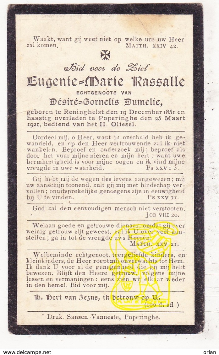 DP Eugenie M. Rassalle ° Reningelst 1851 † Poperinge 1921 X Désiré C. Dumelie - Images Religieuses