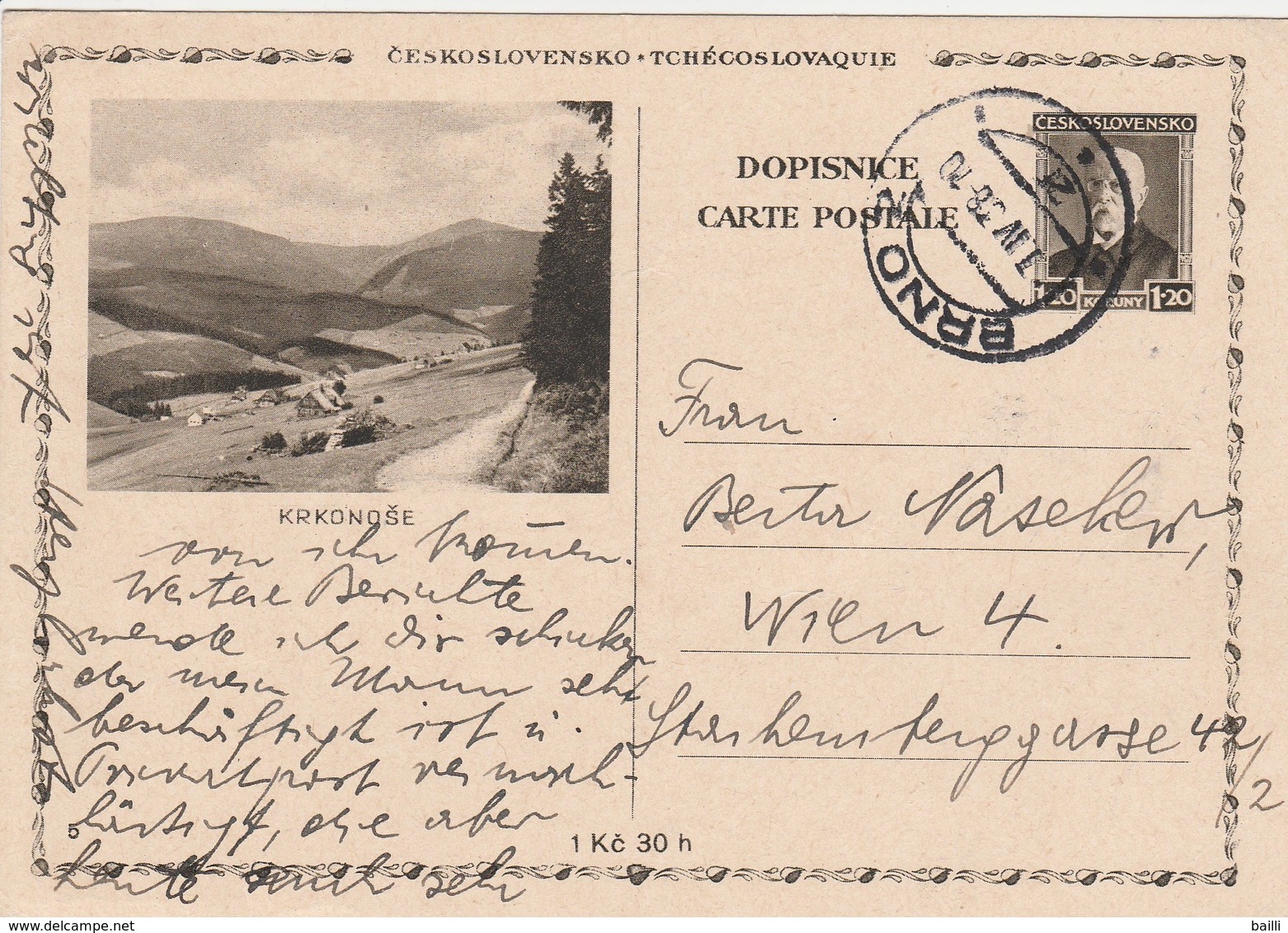 Tchécoslovaquie Entier Postal Illustré Pour L'Autriche 1938 - Cartes Postales
