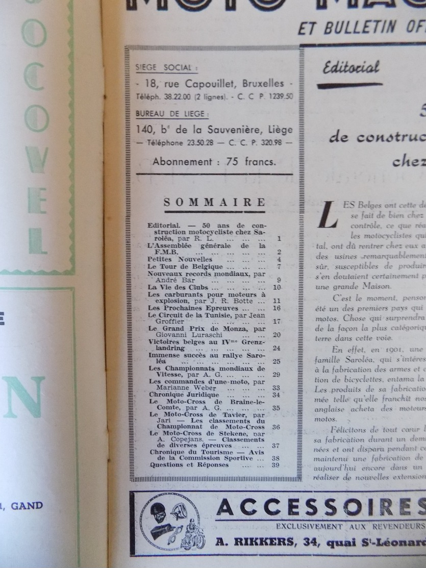 Moto Magazine N° 16 Roi Léopold Et Prince Baudouin - Carburants - Circuit De La Tunisie - GP. Nations à Monza - Herstal. - Auto/Moto