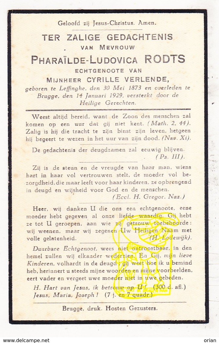 DP Pharaïlde L. Rodts ° Leffinge Middelkerke 1873 † Brugge 1929 X Cyrille Verlende - Images Religieuses