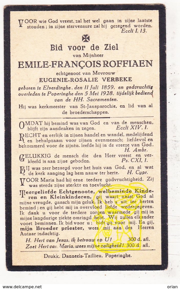 DP Kerkmeester Emile F. Roffiaen ° Elverdinge Ieper 1859 † Poperinge 1928 X Eugenie R. Verbeke - Images Religieuses