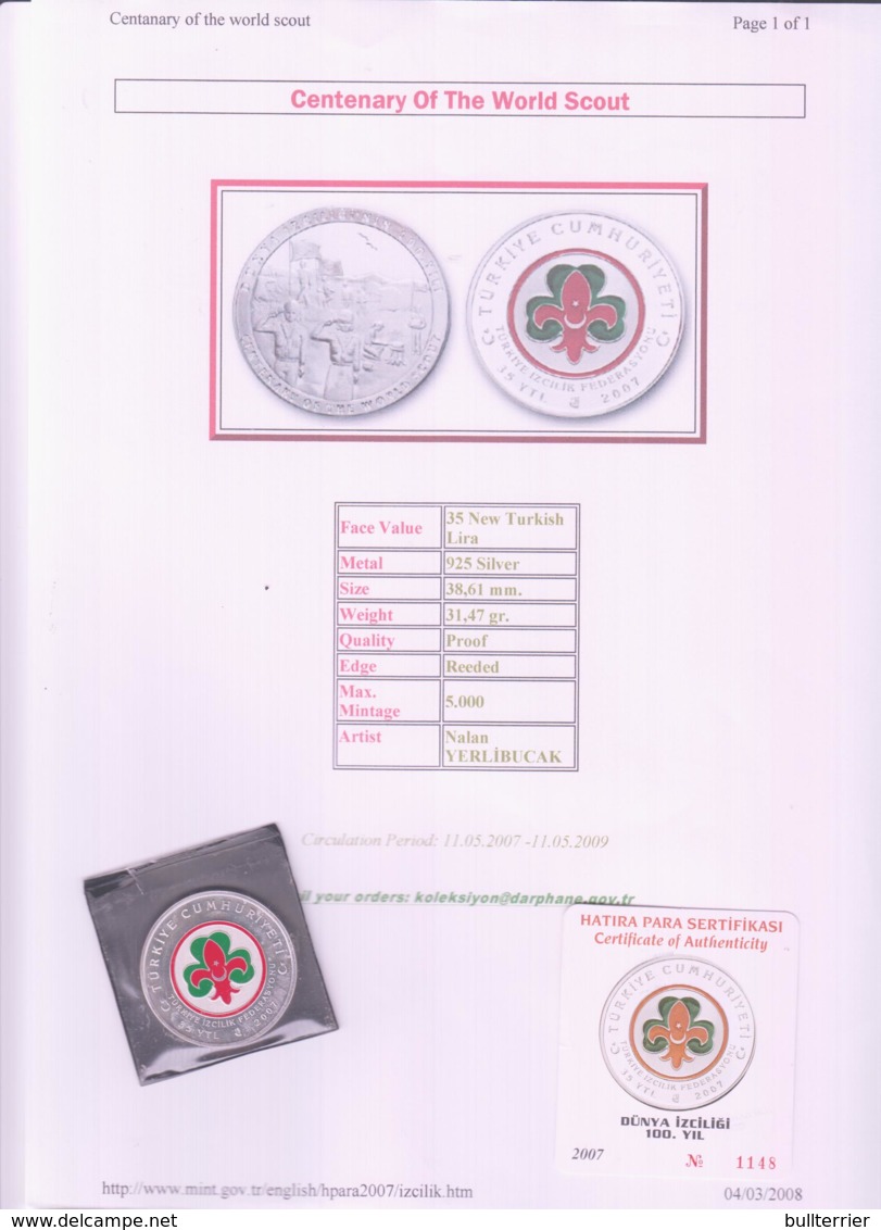 SCOUTS -  TURKEY - 2007- SCOUTING SILVER COIN MINT UNC WITH CERTIFICATE - Turquie