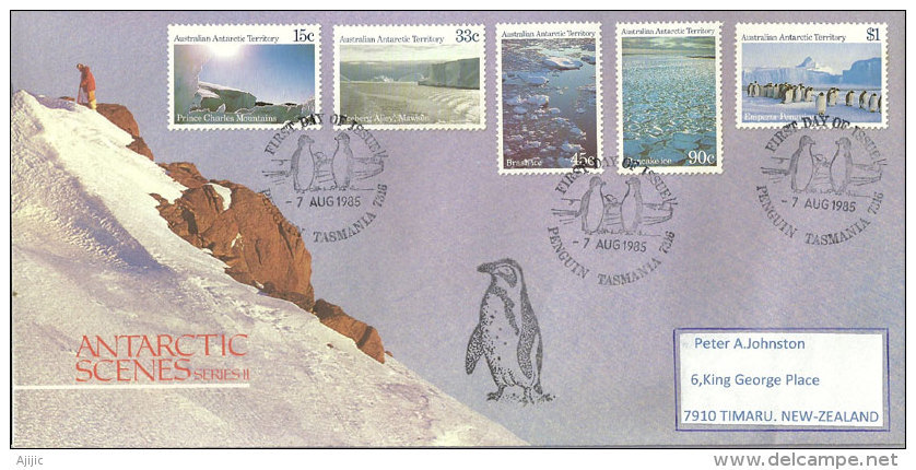 Paysages Du Territoire Antarctique Australien. FDC Oblitération Pingouins, Série AAT Nr 68/72, Année 1985 - Autres & Non Classés