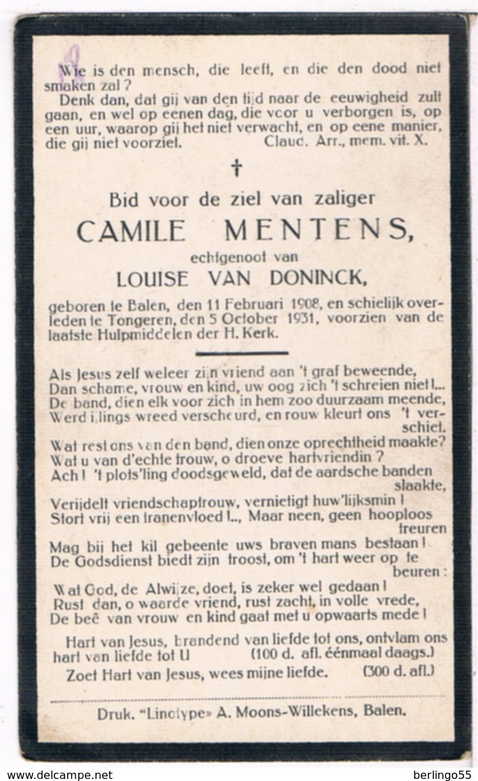 Dp. Mentens Camile. Echtg. Van Doninck Louise. ° Balen 1908 † Tongeren 1931 - Religion & Esotérisme