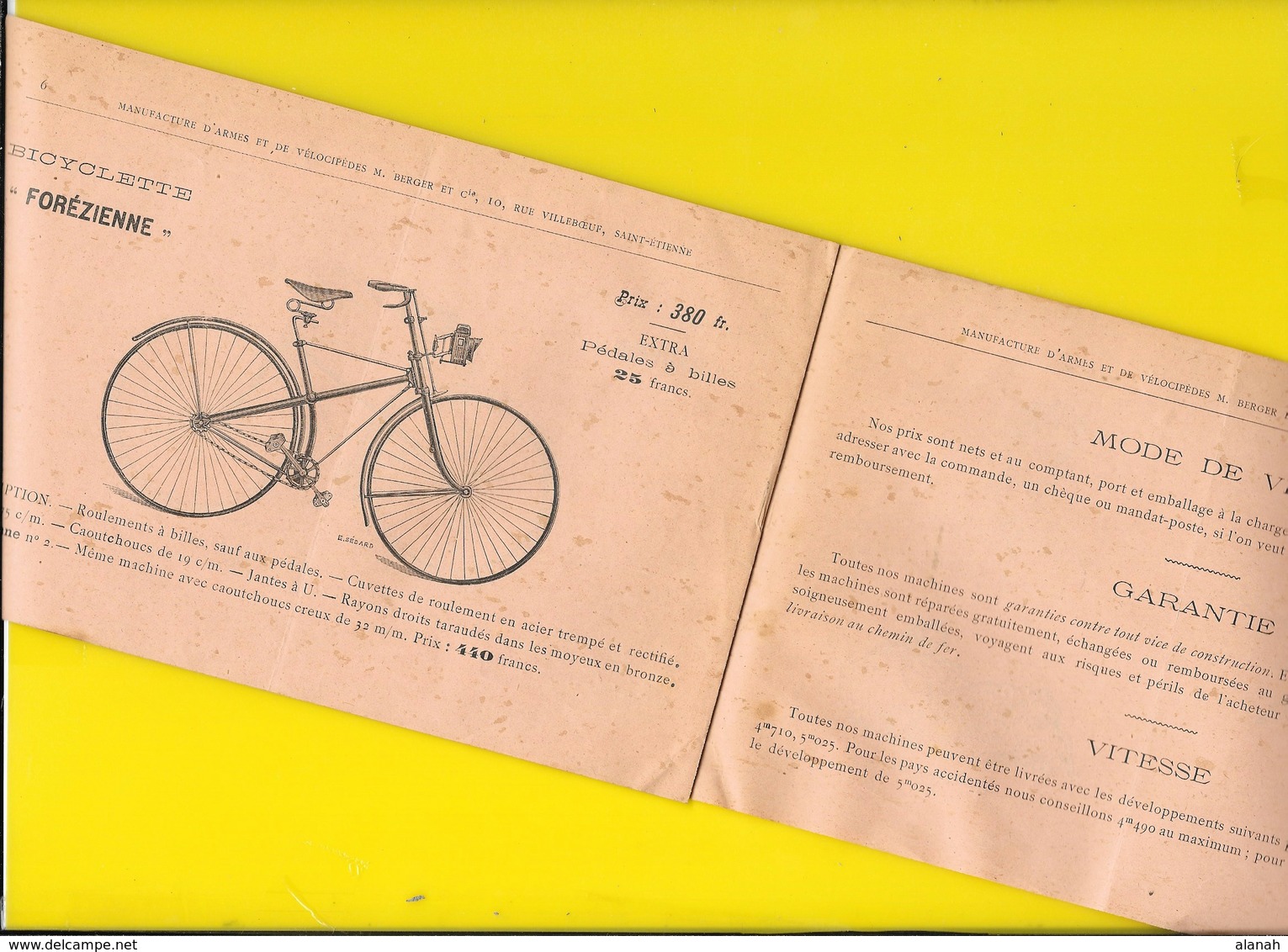 Catalogue 189? Cycles " Marius BERGER" St Etienne 8 Pages Format à L'italienne 20 X 13 Cm Env.. - Cyclisme