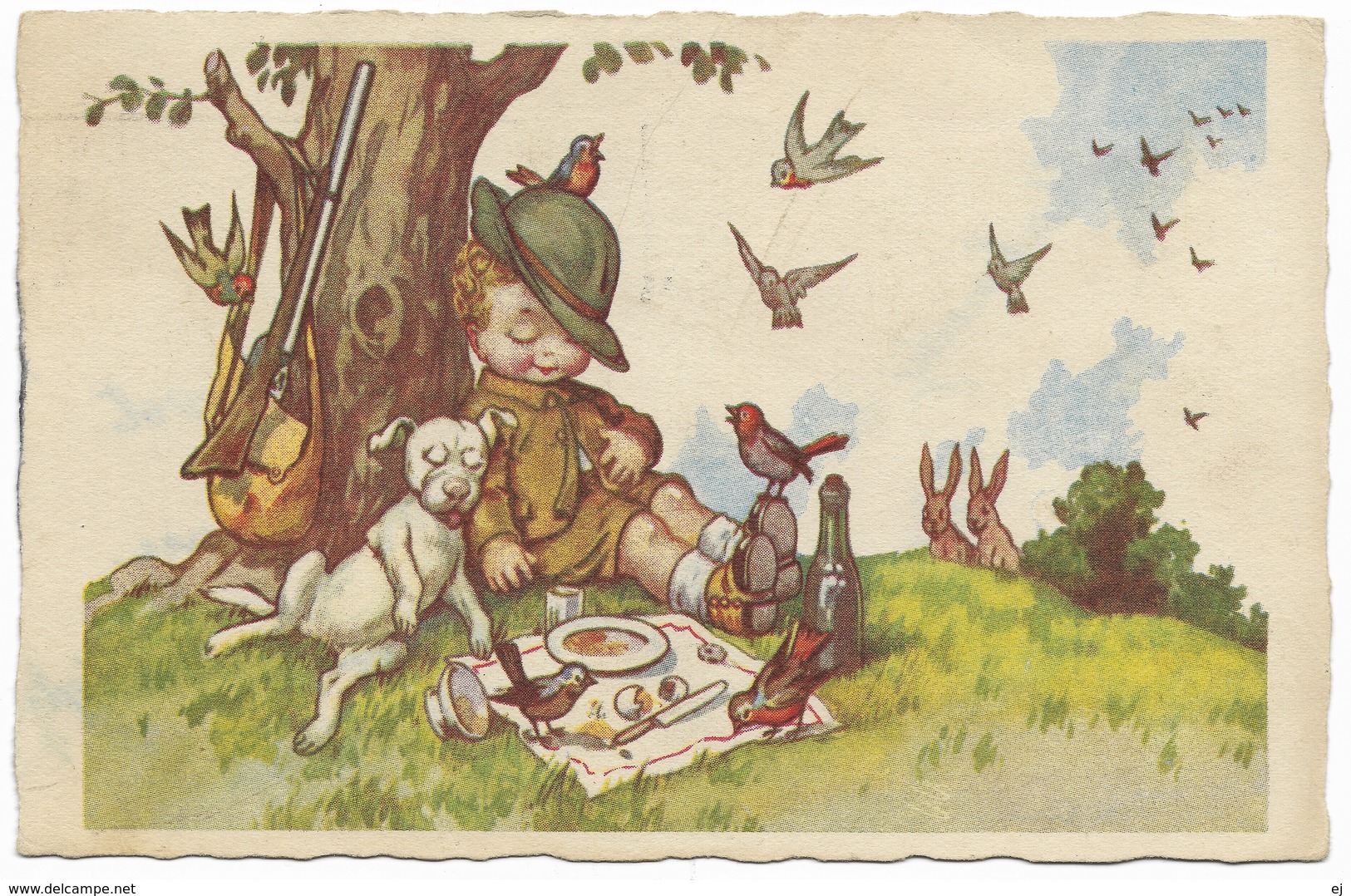 Hunter Resting - Boy,& Dog Asleep Against Tree - Postmark 1927 - Degami - Picnic, Gun, Birds, Rabbits - 1900-1949