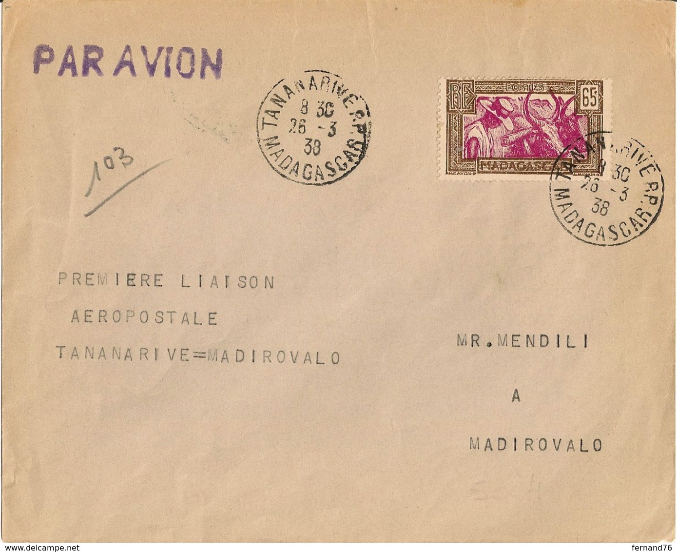 MADAGASCAR - 1ère Liaison Aéropostale TANANARIVE/MADIROVALO 28/03/1938 - +++ - Poste Aérienne