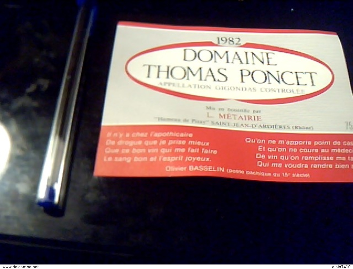 Etiquette De Vin Avec Recette Au Dos Domaine Thomas Poncet  Hameau De Pizay St Jean  D'ardiereS Millesime 1982 Gigondas - Autres & Non Classés