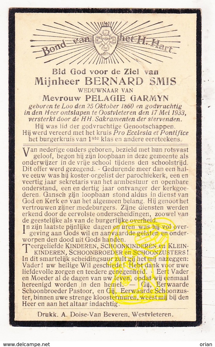 DP Schoolmeester Koster Orgelist - Bernard Smis ° Lo Reninge 1860 † OostVleteren 1933 X P. Garmyn - Imágenes Religiosas