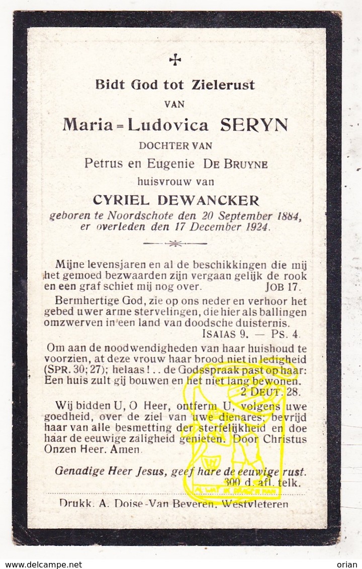 DP Maria L. Seryn / De Bruyne ° Noordschote Lo Reninge 1884 † 1924 X Cyriel DeWancker - Images Religieuses