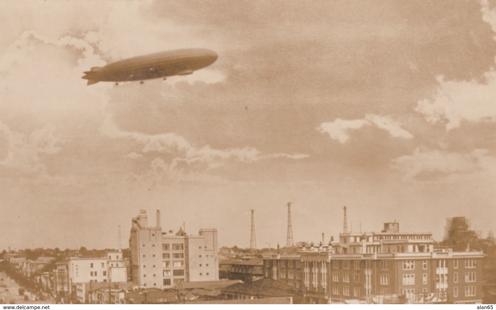Air Ship Dirigible Over City and near Hangar, Lot of 4 Different c1920s/30s Vintage Photos