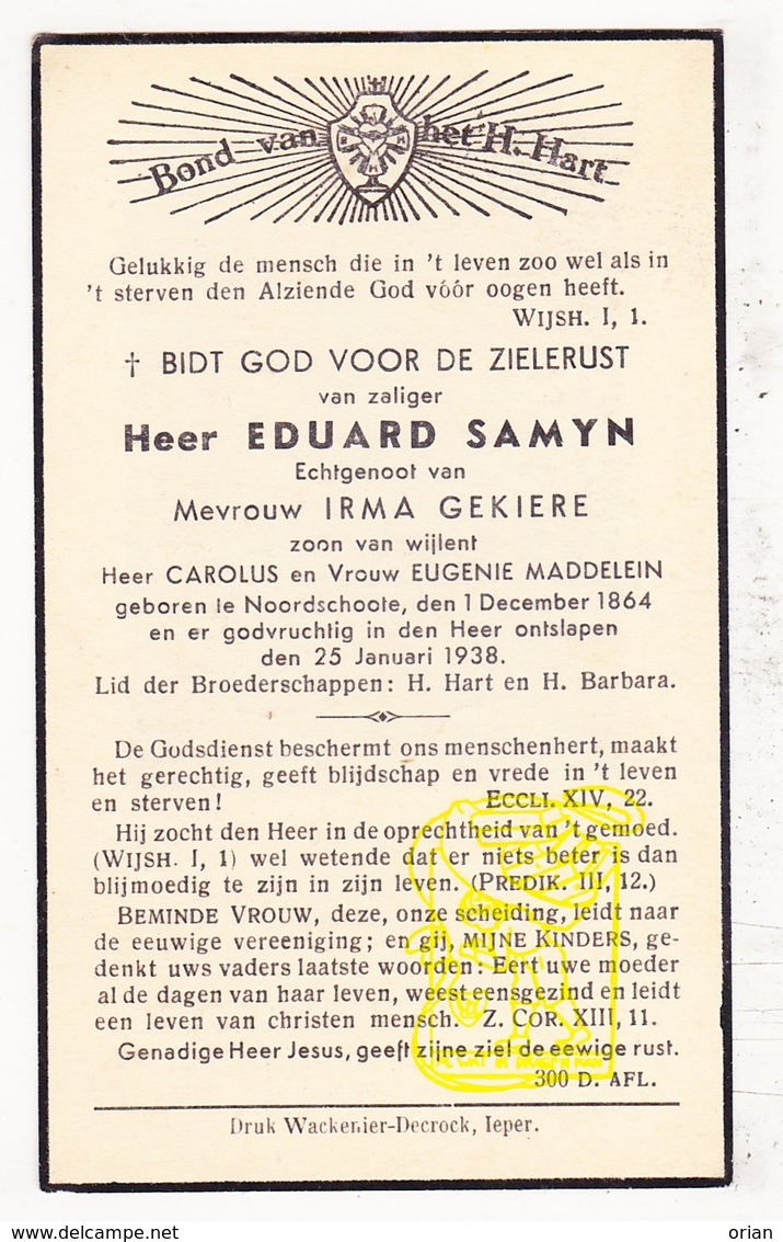 DP Eduard Samyn / Maddelein ° Noordschote Lo Reninge 1864 † 1938 X Irma Gekiere - Images Religieuses