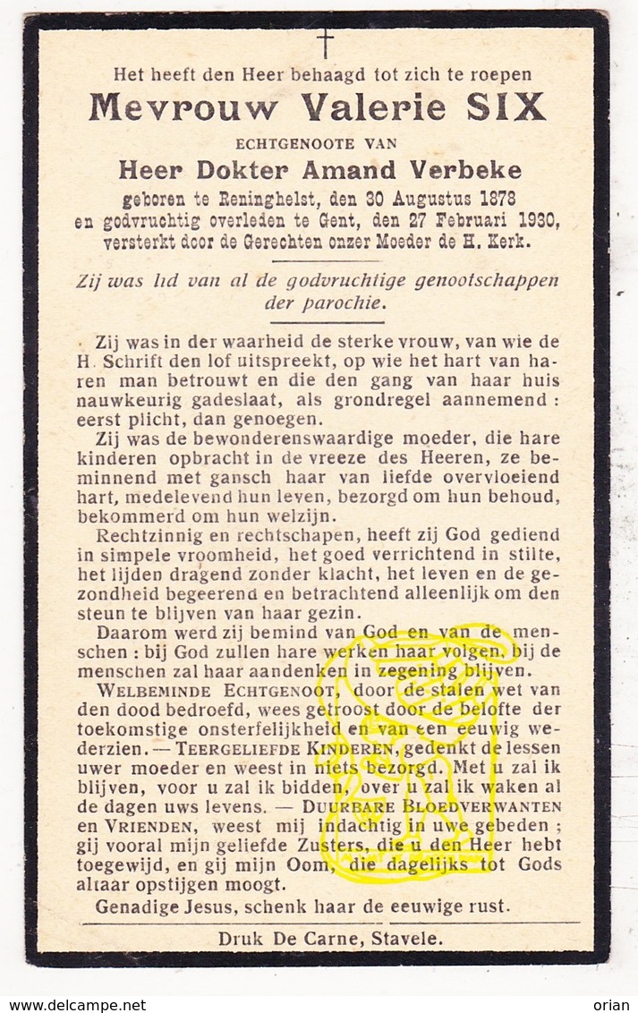 DP Valerie Six ° Reningelst Poperinge 1878 † Gent 1930 X Dr. Amand Verbeke - Images Religieuses
