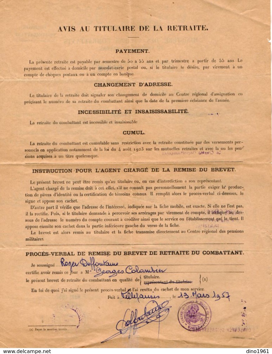 VP14.313 - MILITARIA - PARIS 1957 - Guerre 39 / 54 - Brevet De Retraite Du Combattant - Mr COLOMBIER à VILLEPARISIS - Documenten