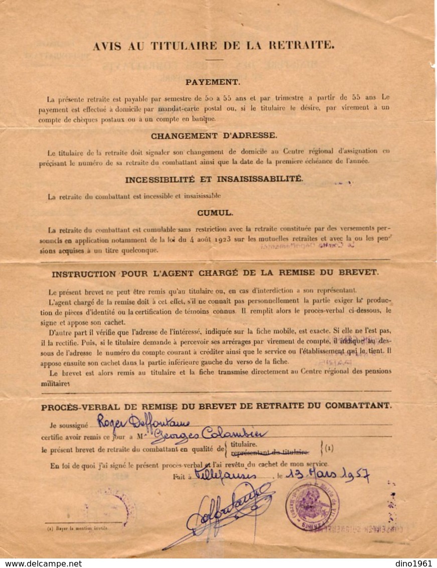 VP14.313 - MILITARIA - PARIS 1957 - Guerre 39 / 54 - Brevet De Retraite Du Combattant - Mr COLOMBIER à VILLEPARISIS - Documenti