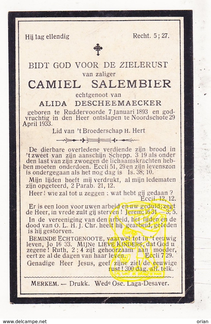 DP Camiel Salembier ° Ruddervoorde Oostkamp 1893 † Noordschote Lo Reninge 1933 X Alida DeScheemaecker - Images Religieuses