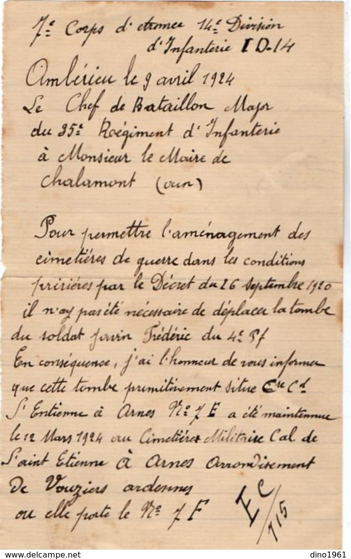 VP14.314 - MILITARIA - AMBERIEU 1924 - Lettre Le Chef De Bataillon Du 35 ème Rgt D'Infanterie à Mr Le Maire De CHALAMONT - Documenten