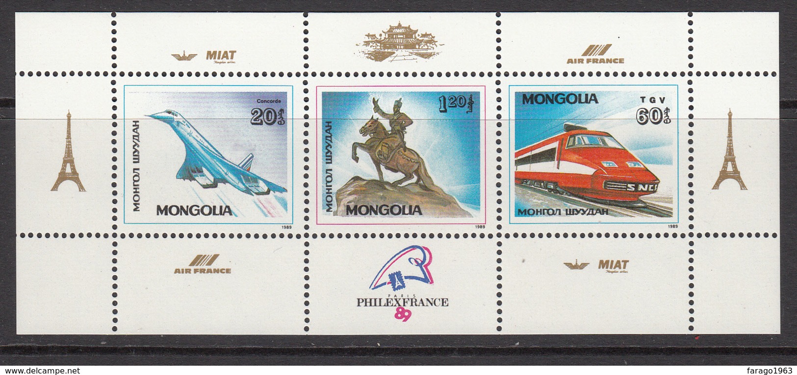 1989 Mongolia Aviation Concorde Trains TGV France  Complete Miniature Sheet Of 3 MNH - Mongolie