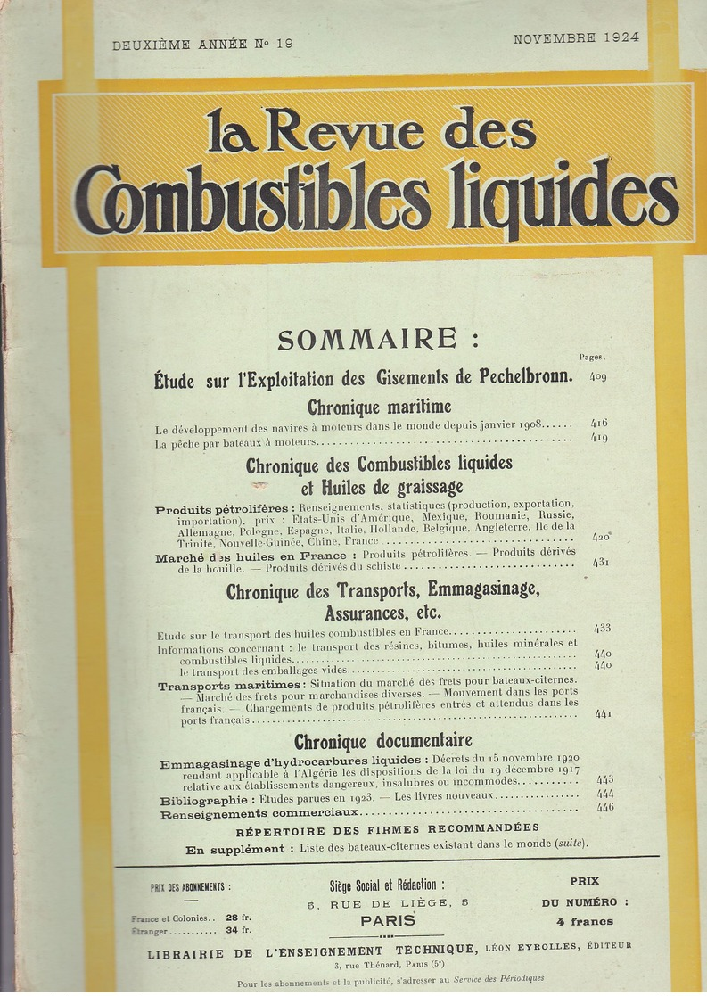 LA REVUE DES COMBUSTIBLES LIQUIDES N°19 Novembre 1924 (Mécanique, Pechelbronn,Hydrocarbure, Transport) - 1900 - 1949