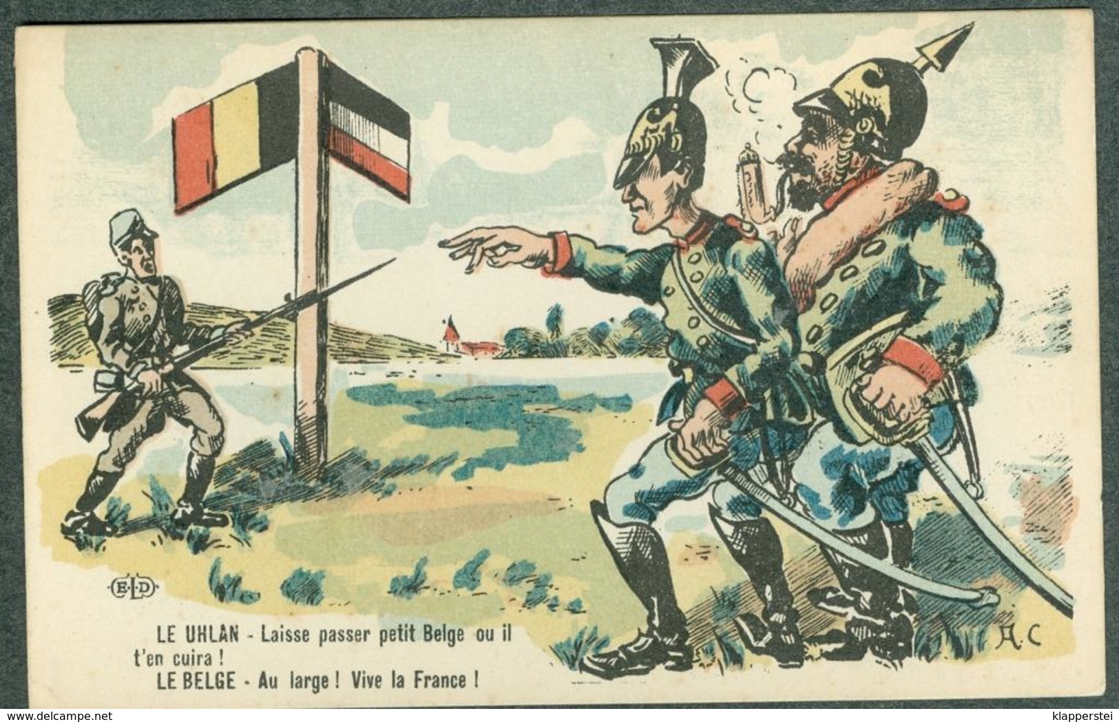 WW1 Carte Caricature Anti Guillaume Reich Allemand Belgique Uhlan Signée A.C. - Autres & Non Classés