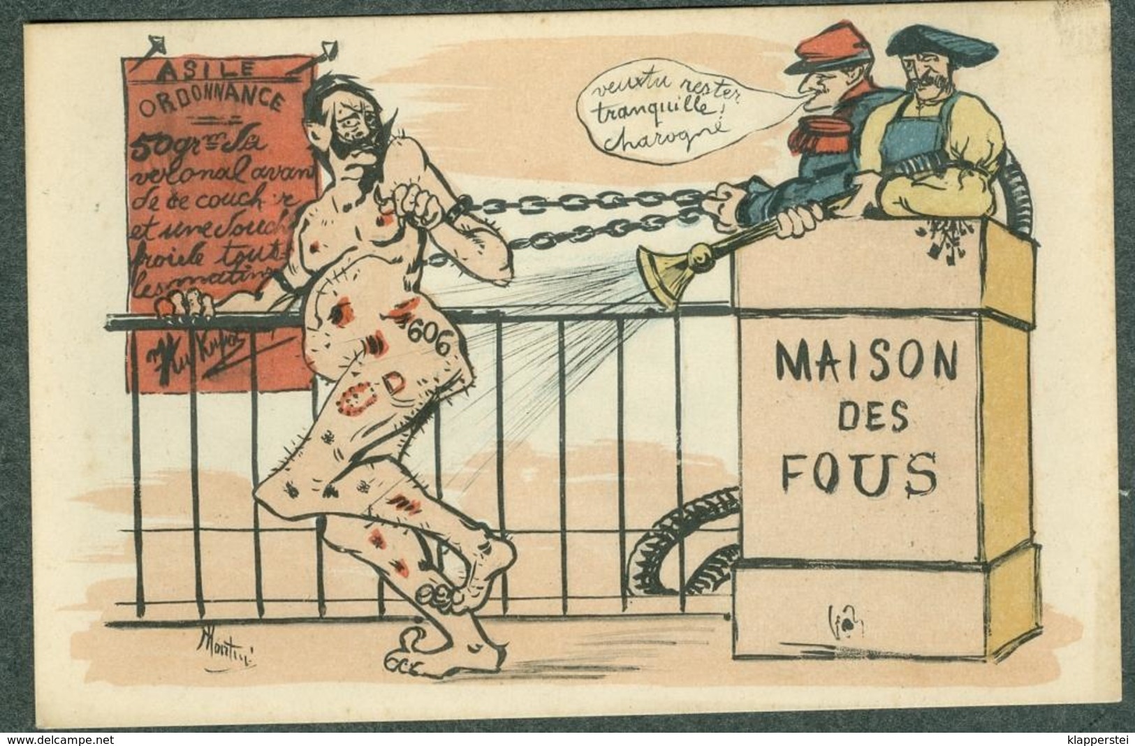 WW1 Carte Caricature Anti Guillaume Reich Allemand Maison Des Fous Signée - Autres & Non Classés