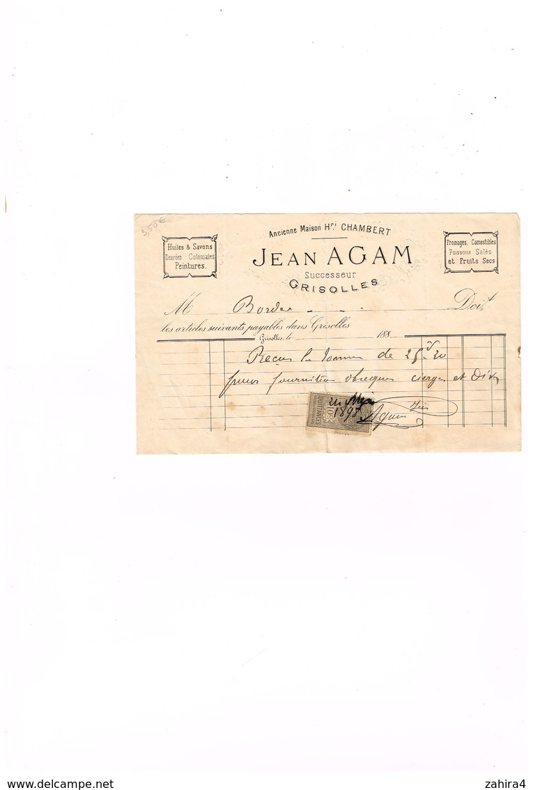 Jean Agam Grisolles T. & G. - Huile Savon Fromage Poisson Salé Peinture - Facture Cierges Et ? 1898 Timbre Fiscal 10 Ct - 1800 – 1899