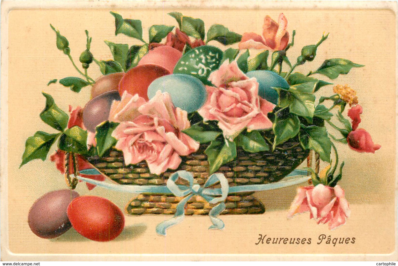 Belle Carte Gaufrée - Paques Corbeille D'oeufs Et Roses - Ostern