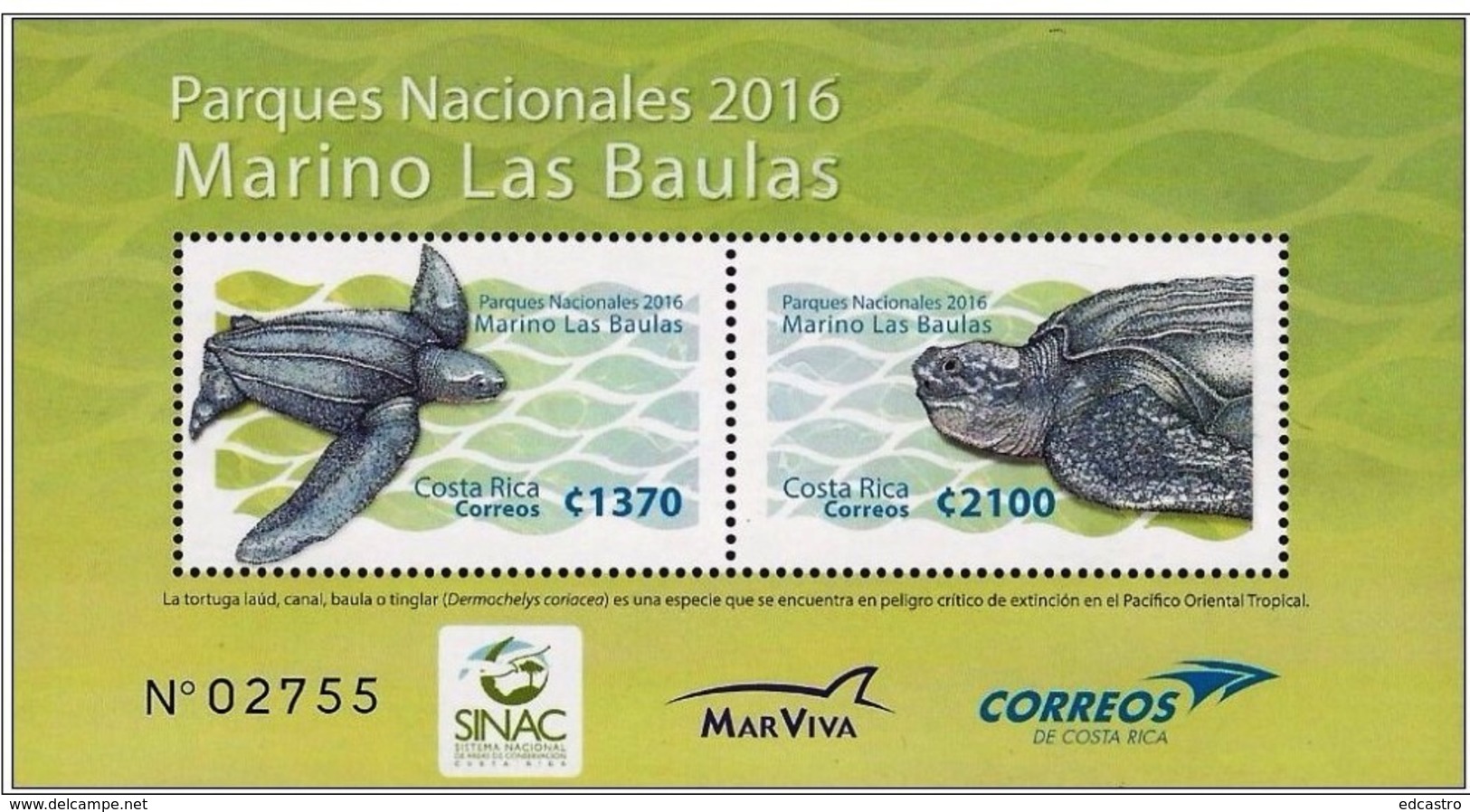 1.- COSTA RICA 2016 NATURAL PARK MARINO LAS BAULAS,TURTLE,EMBOSSED SPECIAL VARNISH - Tortugas