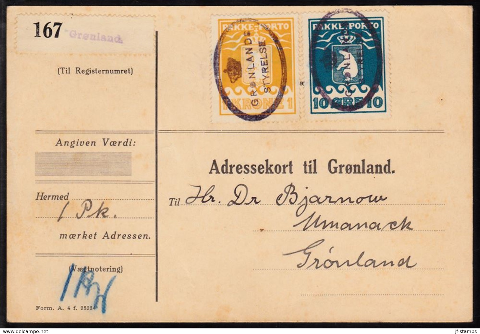 1930. 1 Kr. Yellow And 1928 10 øre Blue. Thiele Letterpress. Perf. 11 ½. On Fine Adre... (Michel 11A+) - JF112140 - Paketmarken