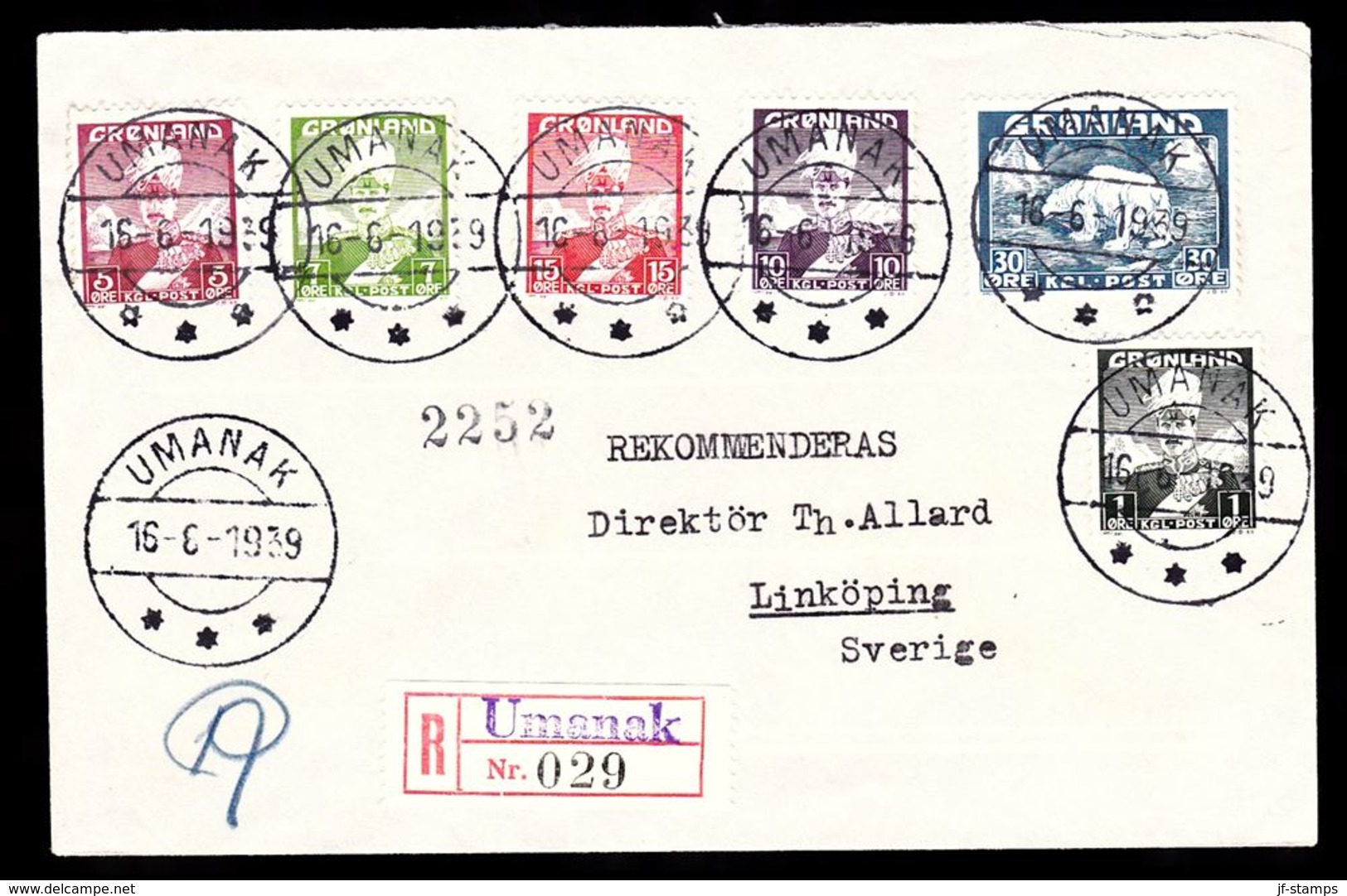 1938. Christian X And Polar Bear. Set Of 7 On 2 Covers To Sweden With Luxus Canc. UMA... (Michel 1-7) - JF112153 - Covers & Documents