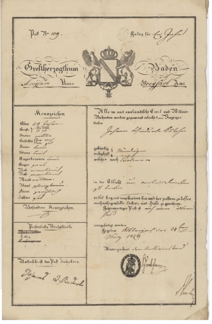 Passeport Kreiss Breisach Munsingen Généalogie Winderle - Documents Historiques