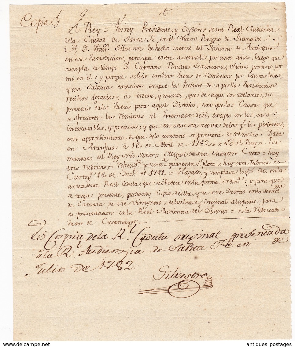 Carta Manuscrita 1782 Nuevo Reino De Granada Santa Fe De Bogotá Real Audiencia Juan De Casamayor - Colombie