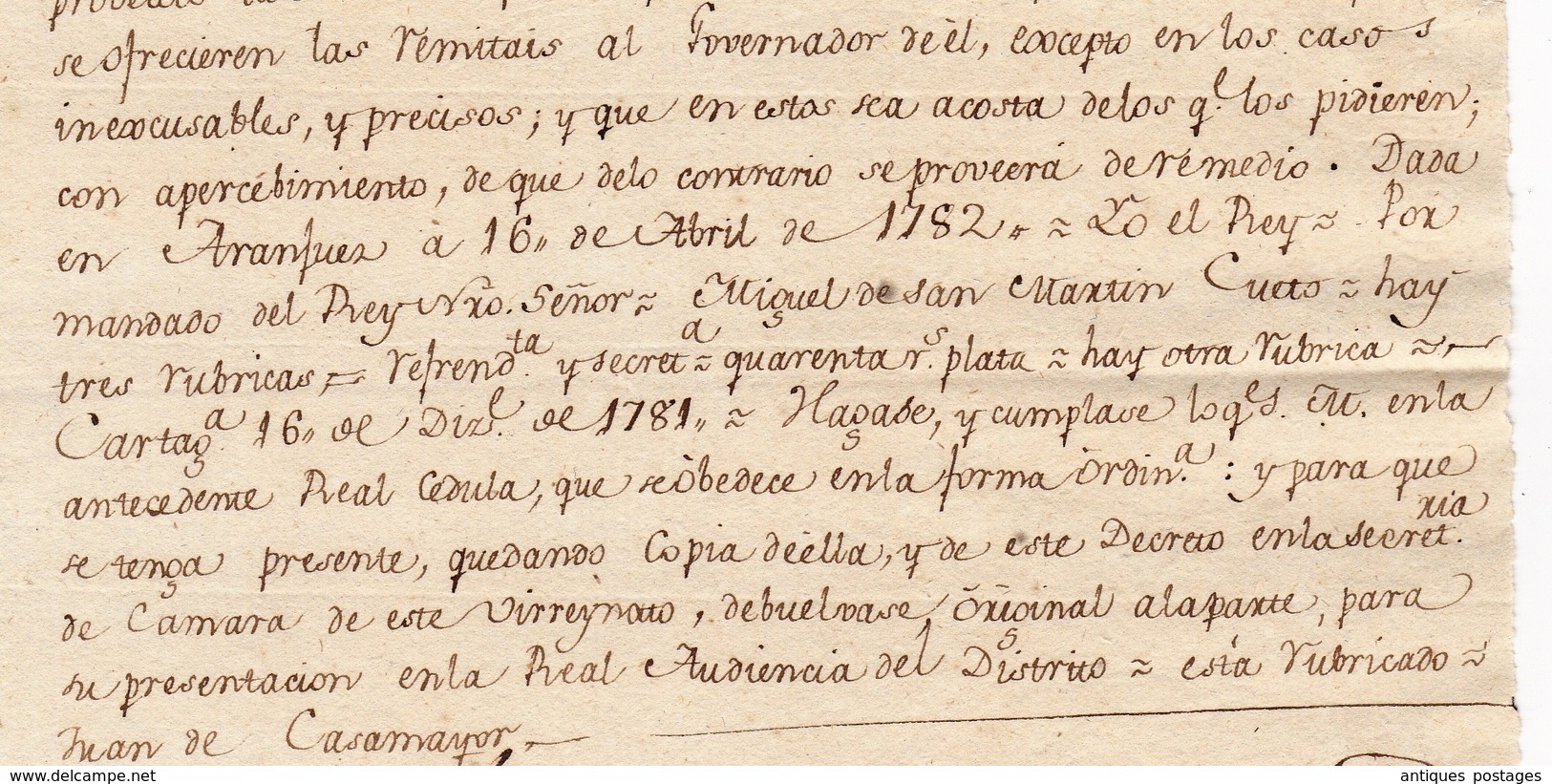 Carta Manuscrita 1782 Nuevo Reino De Granada Santa Fe De Bogotá Real Audiencia Juan De Casamayor - Colombie