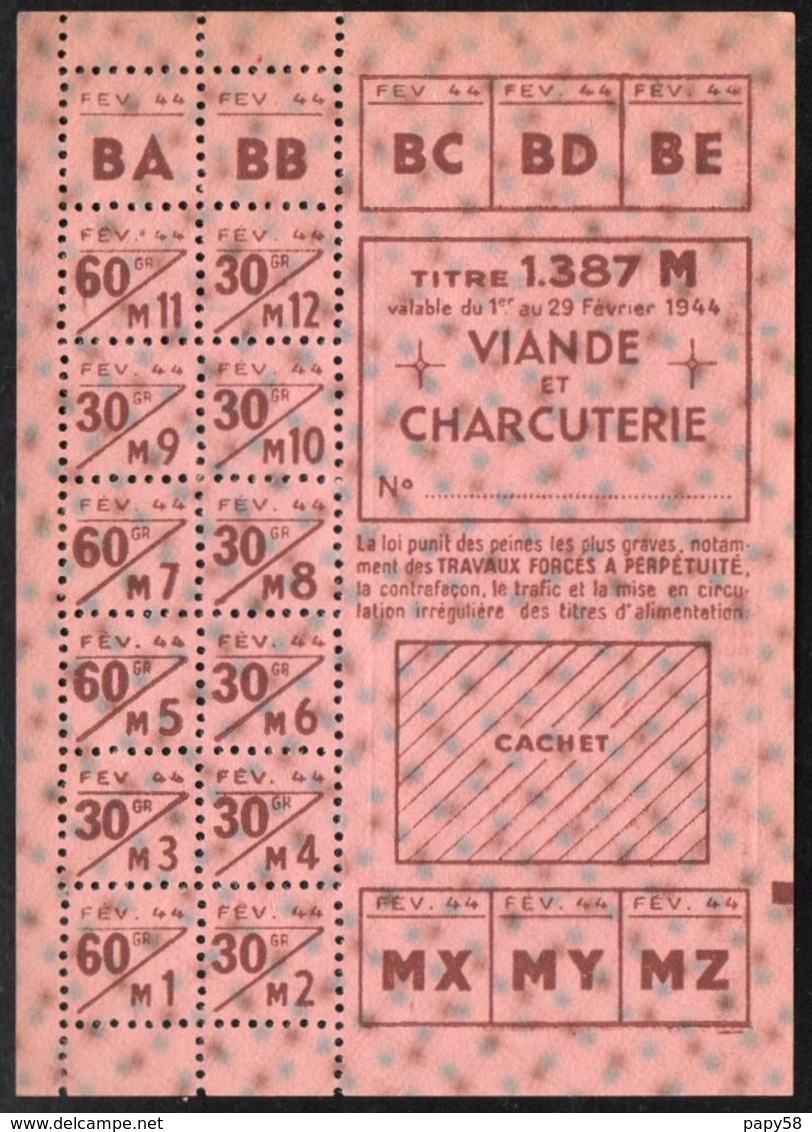 Vieux Papiers > Non Classés  Tickets D Alimentation Viande Et Charcuterie 1944 - Zonder Classificatie