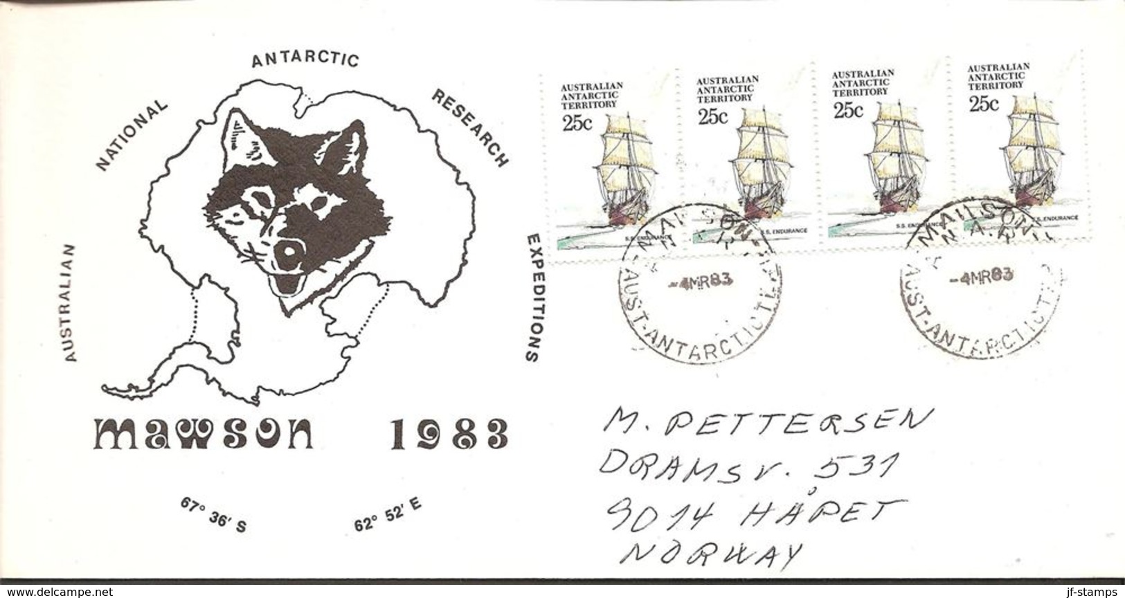 1983. AUSTRALIAN NATIONAL ANTARCTIC RESEARCH EXPEDITIONS MAWSON.  4X 25 C. MAWSON -4.... (Michel 45) - JF120081 - Lettres & Documents