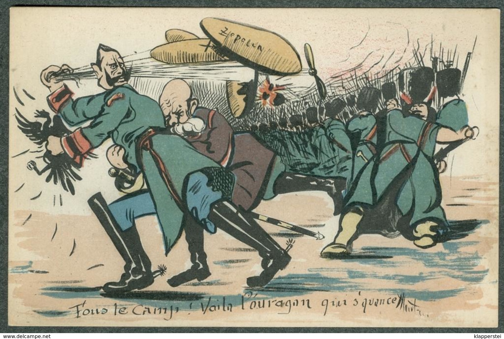 WW1 Carte Caricature Anti Guillaume Reich Allemand Zeppelin Signée - Autres & Non Classés