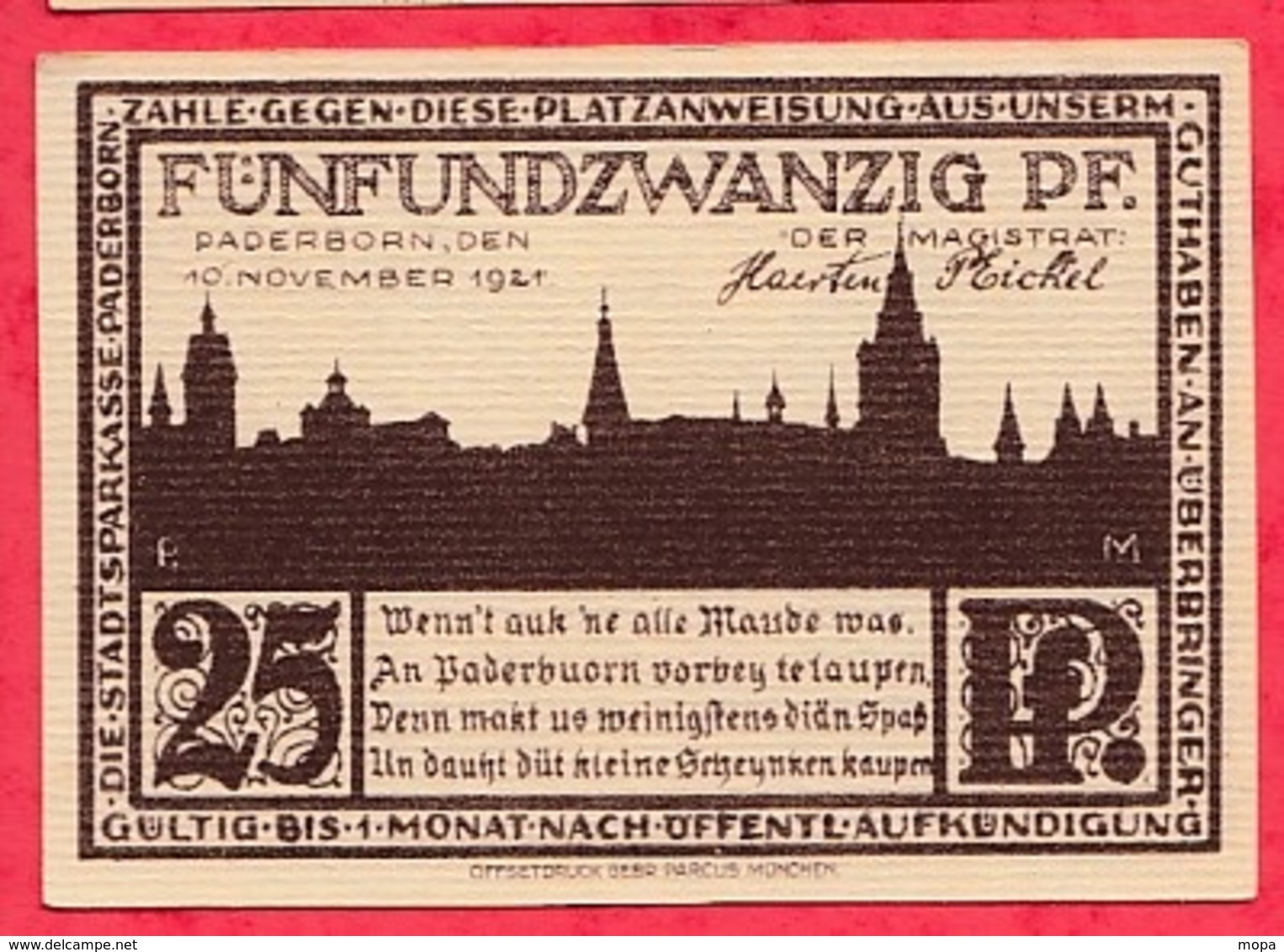 Allemagne 1 Notgeld  25 Pfenning Stadt  Paderborn Dans L 'état  Lot N °3192 - Collections