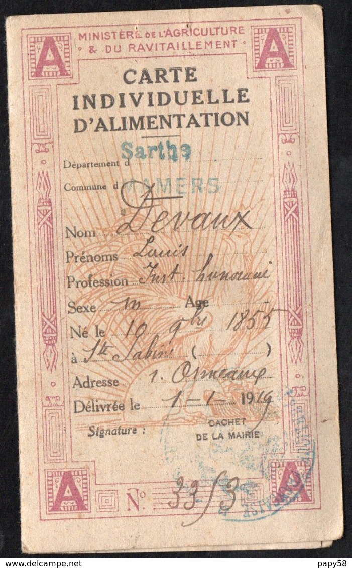 Vieux Papiers > Non Classés Mamers 72 Carte Individuelle D Alimentation  1919 - Non Classés
