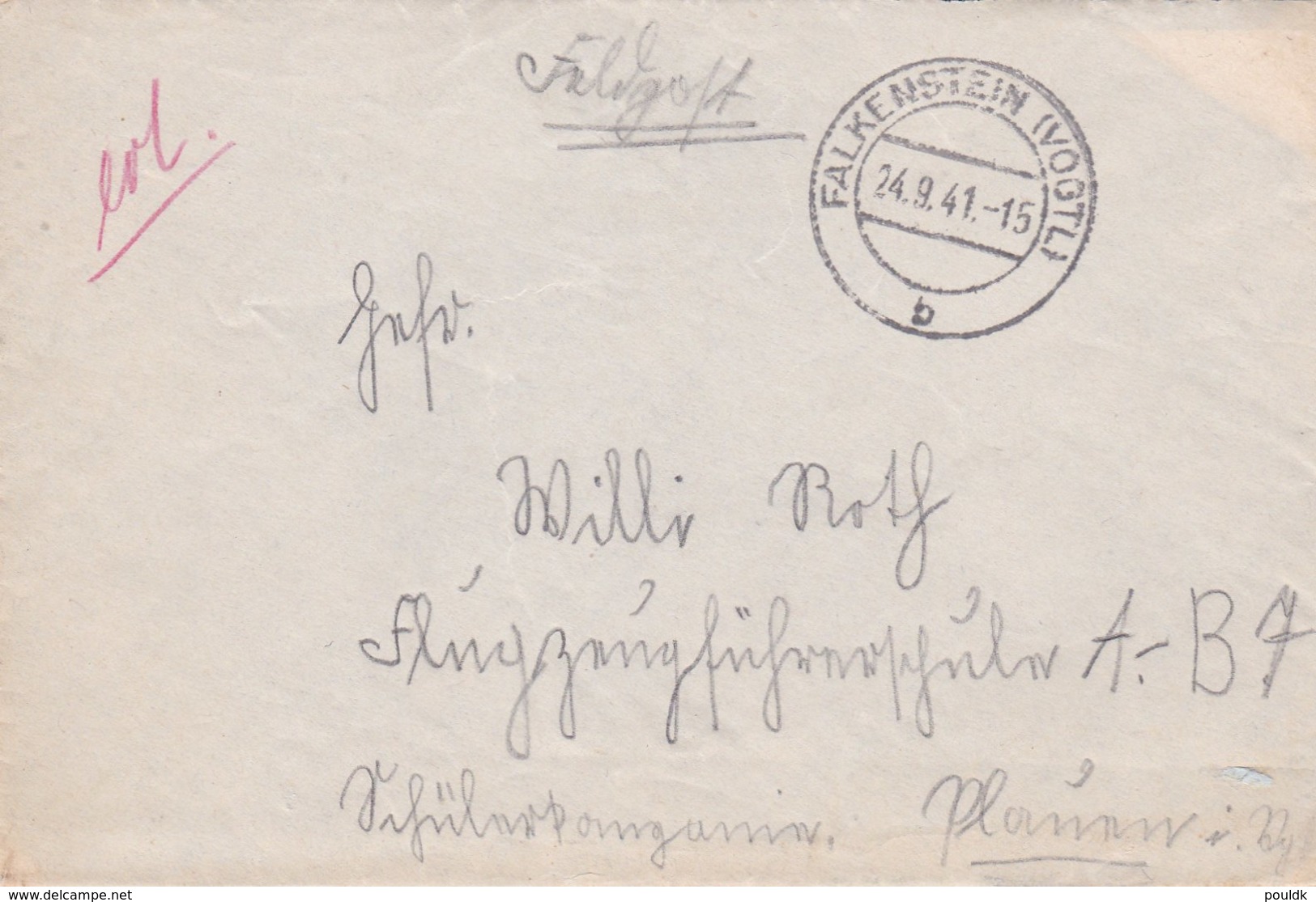 German Feldpost WW2: To Flugzeugführerschule A/B 7 In Plauen P/m Falkenstein (Vogtl) 24.9.1941 - Letter Inside  (0047) - Militaria